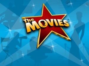 The image features the title The Movies in bold letters over a large red star with a golden outline on a blue background. Silhouettes of filmmakers and actors are faintly visible in the backdrop, highlighting a cinematic theme.