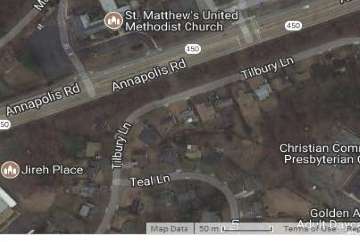 A satellite image showing a residential area with roads labeled Annapolis Rd, Tilbury Ln, and Teal Ln. Nearby landmarks include St. Matthews United Methodist Church and Christian Community Presbyterian Church.