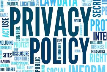 A word cloud with Privacy Policy in large letters at the center. Surrounding words include Law, Data, Protection, Information, Control, Disclosure, Security, and Rights, in varying sizes and shades of blue.