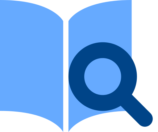 Icon of an open blue book with a dark blue magnifying glass placed on top.