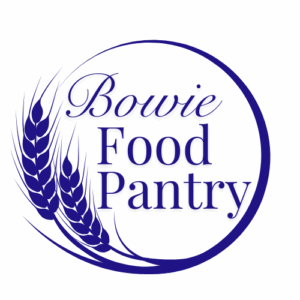 Logo for Bowie Food Pantry featuring three stylized wheat stalks on the left and the words Bowie Food Pantry in elegant blue text within a circular border.