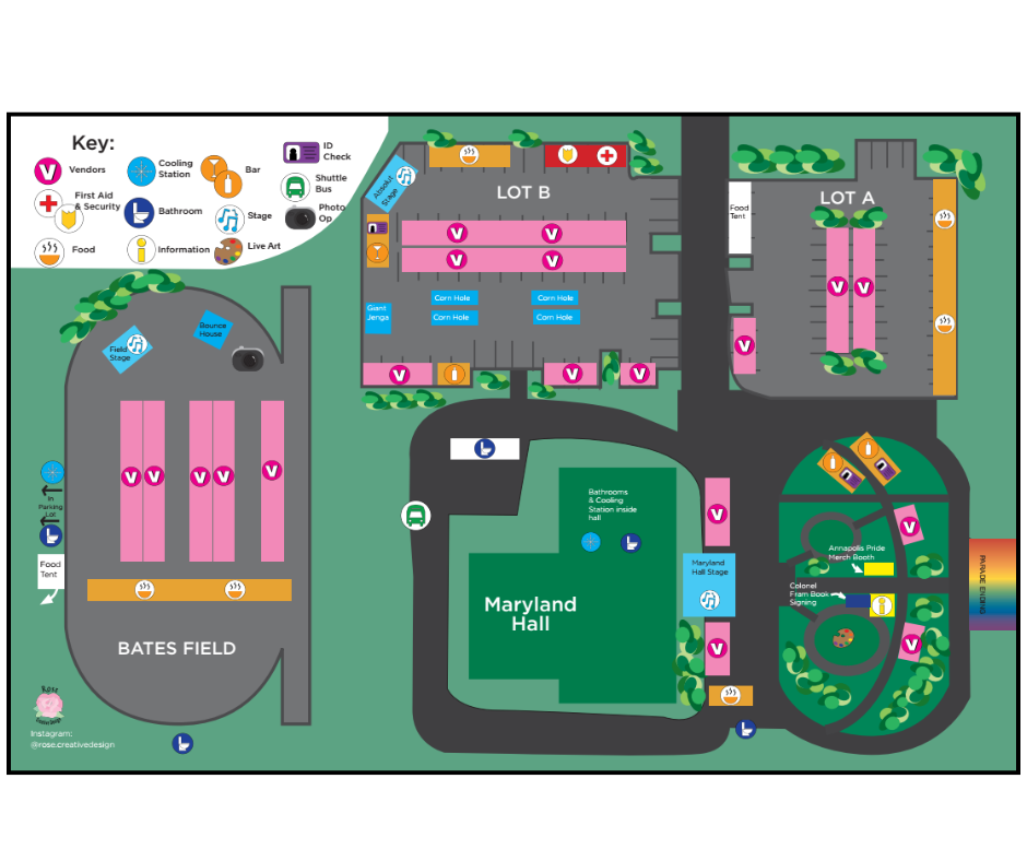 Colorful illustrated map of an event at Maryland Hall, showing parking lots, vendor and food areas, bathrooms, info points, shuttle stops, first aid, Bates Field, and surrounding paths with labeled icons for services and directions.