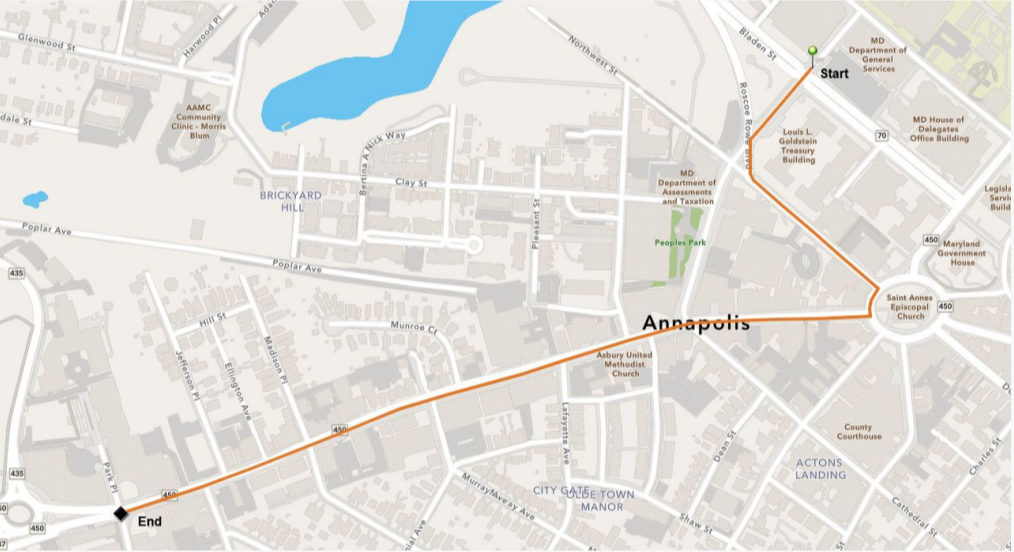Map showing a walking route in Annapolis, Maryland, from a starting point near MD government buildings to an endpoint on a different street, passing landmarks and points of interest along the way.