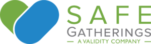 Logo for Safe Gatherings, a Validity Company, featuring a green and blue heart icon on the left and the company name in green and gray text on the right.