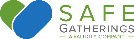 Logo with a green and blue heart shape on the left. To the right, the words SAFE Gatherings are written, with SAFE in green, Gatherings in gray, and A Validity Company in green underneath.