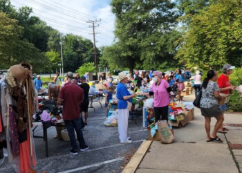 People browse tables with clothes, books, and household items at an outdoor community yard sale on a sunny day. Trees and power lines are visible in the background.