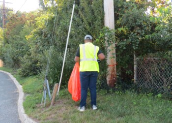 A person wearing a reflective yellow vest and cap stands by the side of a road, holding a large orange trash bag near a utility pole and overgrown greenery.