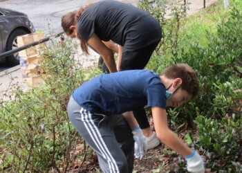 A woman and a boy, both wearing gloves and masks, are bending over while gardening outside near a sidewalk. The boy is digging in the soil with a small tool, surrounded by green bushes and fallen leaves.