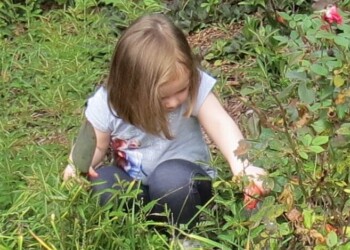 A young girl with light brown hair wearing a light blue shirt and dark pants crouches in a garden, reaching toward a pink flower among green plants and grass.